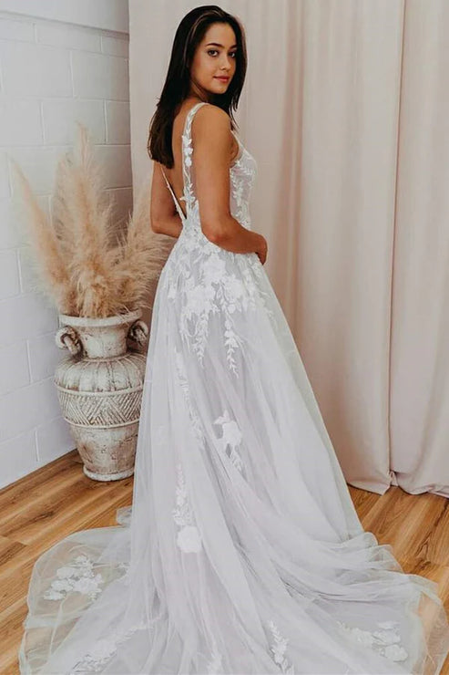 Luolandi A-Line V Back Long Wedding Dress with Lace Appliqued Open Back Beautiful