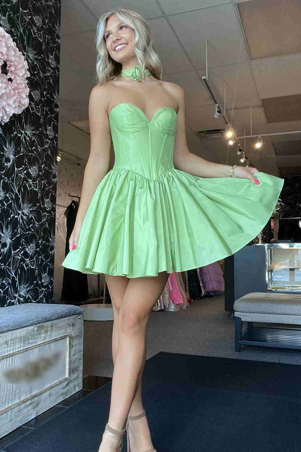 Luolandi Sage Green Strapless Satin Short Homecoming Dresses Off Shoulder Party Dress