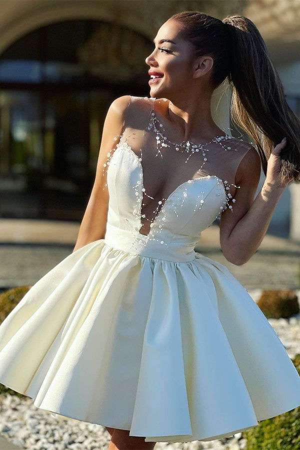 Luolandi A-Line Illusion Neck Ivory Short Homecoming Dress with Beads Sexy Wedding Dress