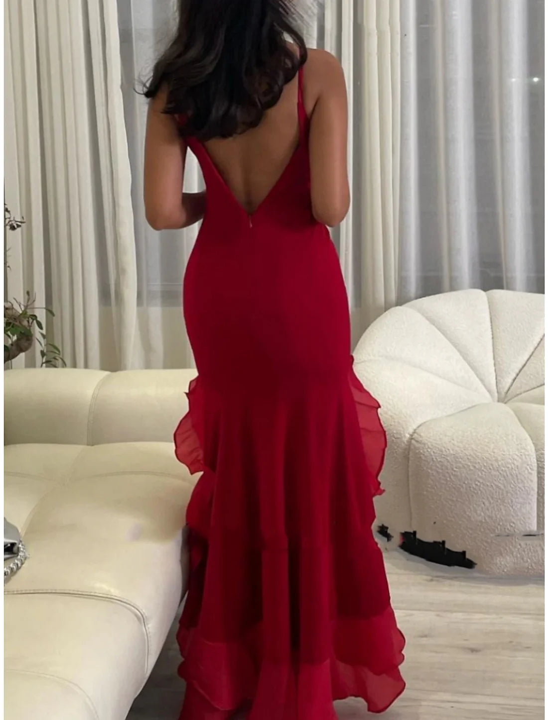 Luolandi A-Line Evening Gown Elegant Dress Formal Ankle Length Christmas Red Green Dress Sleeveless Scoop Neck Chiffon with Ruffles