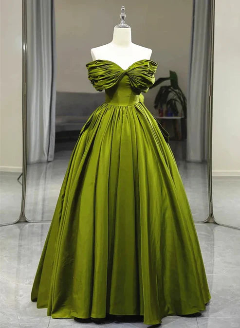 Luolandi A-line Off Shoulder Satin Long Party Dress Green Satin Formal Dress Prom Dress Floor Length