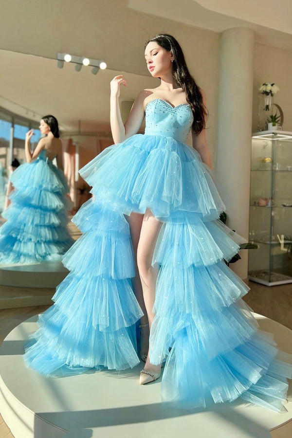 Luolandi Blue Sweetheart Neck Tulle Long Prom Dress Beautiful A-Line High Low Party Dress Evening Dress