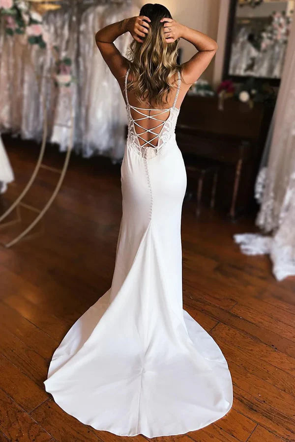 Luolandi Sheath Lace Back Wedding Dress V-neck With Slit Sexy