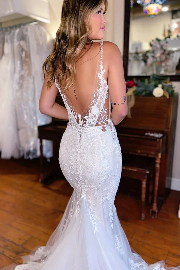 Luolandi Mermaid V-Neck Long Lace Wedding Dress V-neck Open Back Sexy