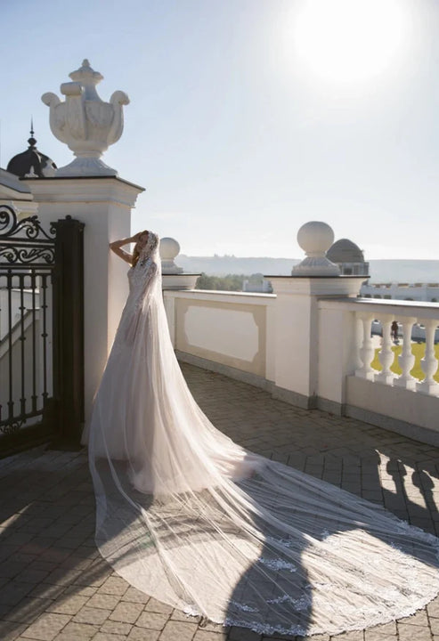 Luolandi Simple Jewel Long Sleeve Brush Train Tulle Ball Gown Wedding Dress with Appliques Elegant