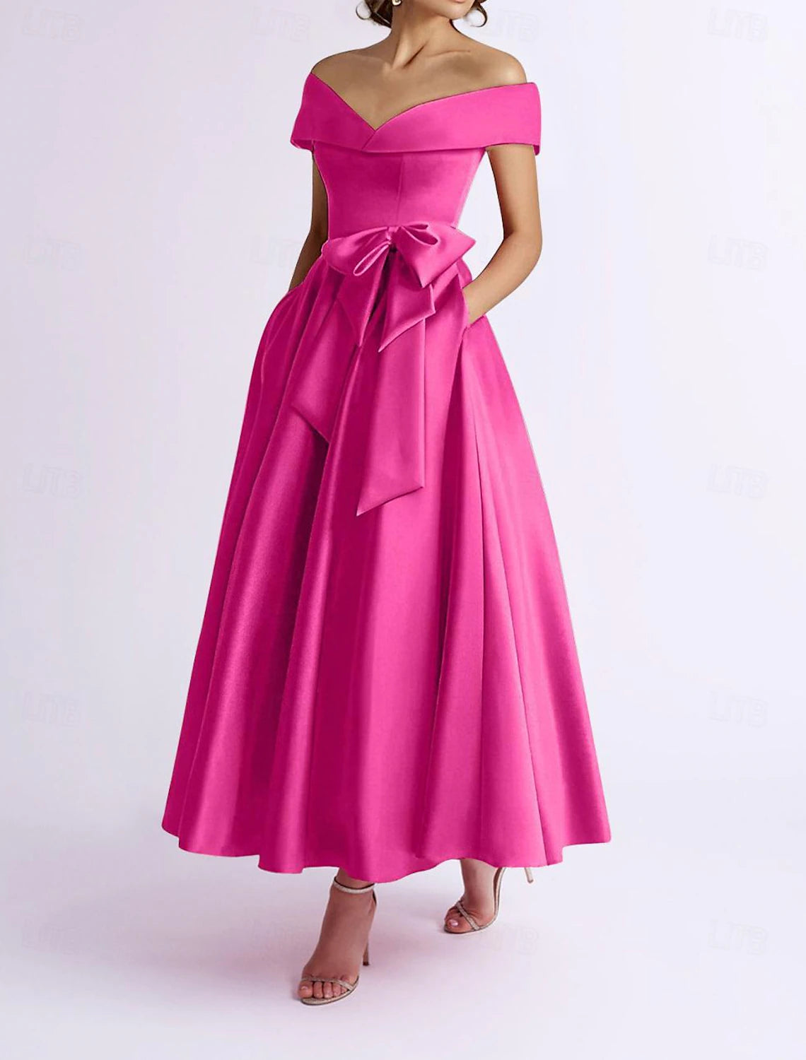 Luolandi A-Line Wedding Guest Dress Elegant Dress Semi-formal Dress Tea Length Short Sleeve Off Shoulder Pocket Satin with Bow(s) Evening Dress