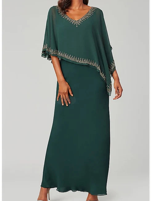 Luolandi Sheath / Column Mother of the Bride Dress Plus Size Elegant V Neck Floor Length Chiffon Half Sleeve