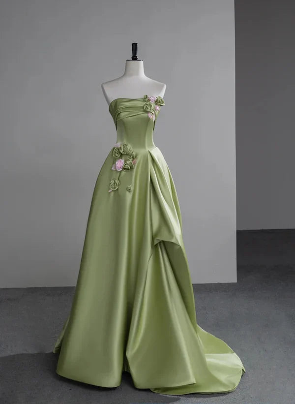 Luolandi Green A-line Ballgown Satin with Flowers Long Evening Dress Satin Prom Dress Evening Dress