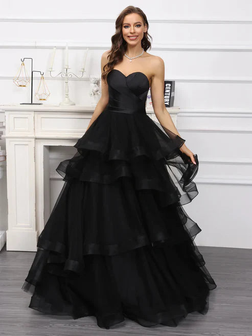 Luolandi A-Line/Princess Sweetheart Long Tulle Dresses With Ruffles Off Shoulder Black Evening Dress Without Gloves