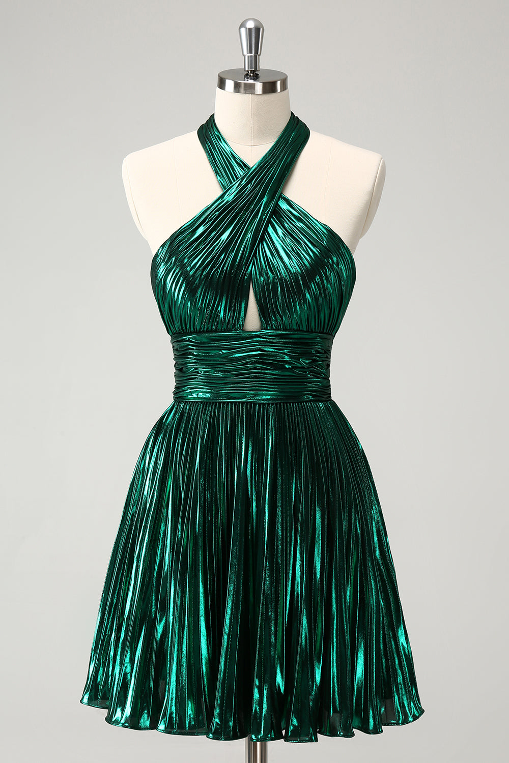 Luolandi A Line Dark Green Pleated Halter Homecoming Dress Sexy Party Dress
