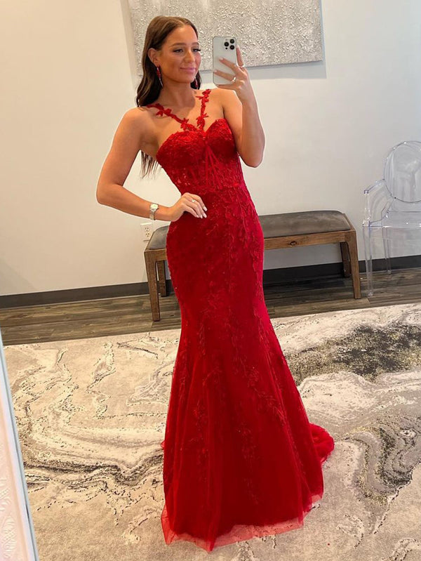 Luolandi Red Mermaid Halter Lace Mermaid Long Prom Dress Evening Dress Floor Length