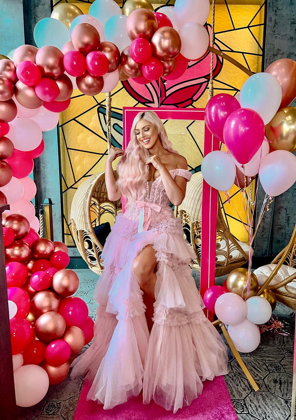 Luolandi Princess A Line Off the Shoulder Light Pink Long Prom Dress with Ruffles Sexy Beautiful