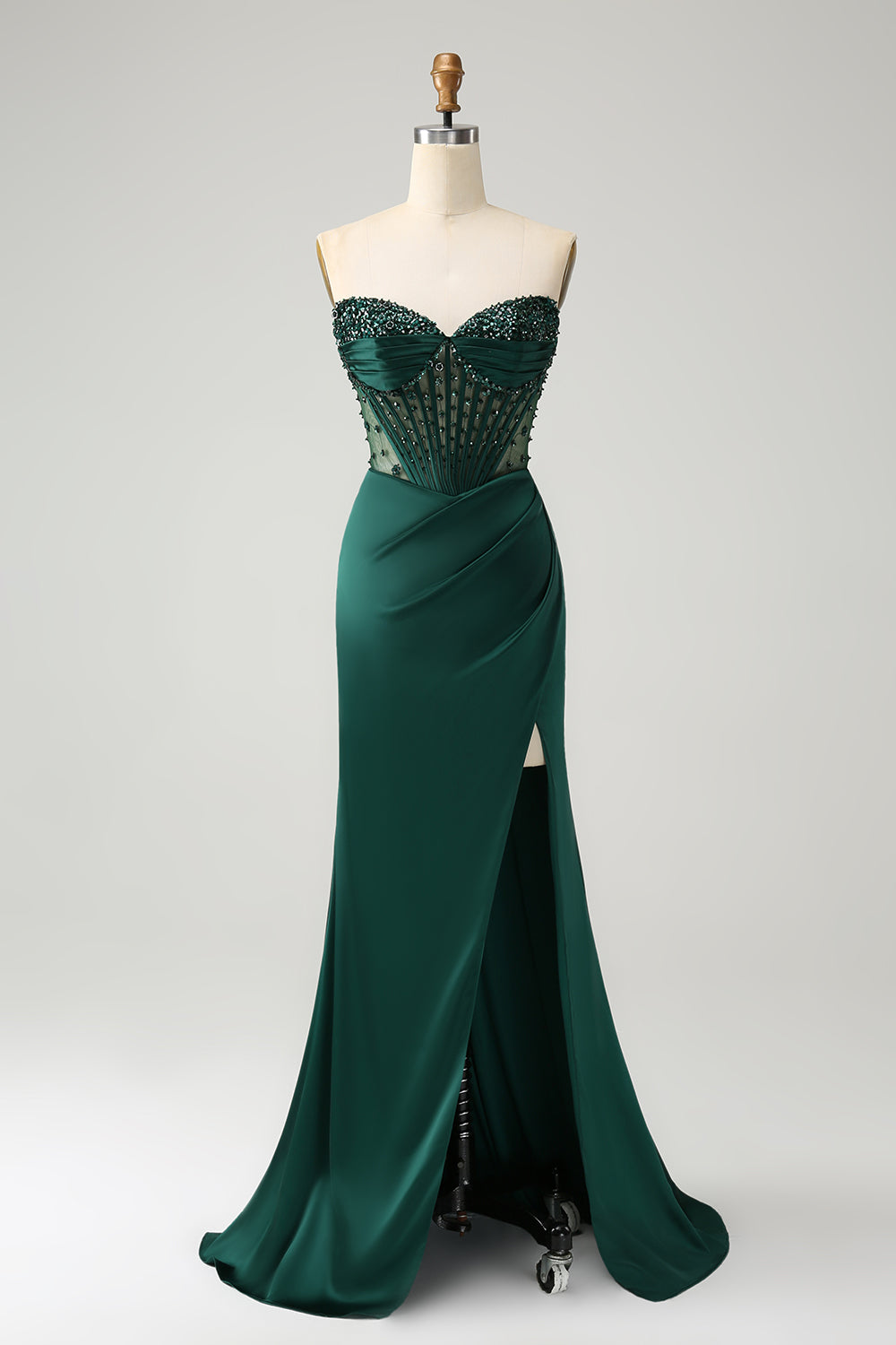 Luolandi Dark Green Mermaid Beaded Corset Strapless Long Prom Dress With Slit Sexy Evening Dress