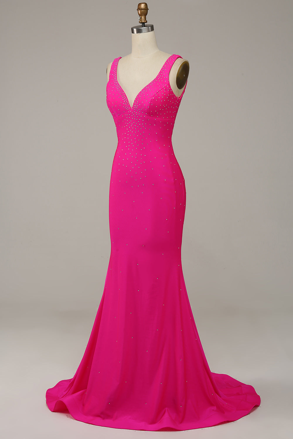 Luolandi Fuchsia Mermaid V-Neck Beaded Prom Dress Long Sexy Evening Dress