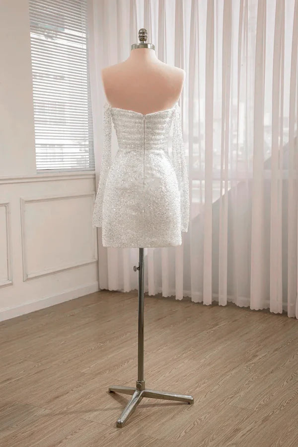 Luolandi Sequined Backless Long Sleeves Wedding Dress Off Shoulder Short Party Dress Sparkly