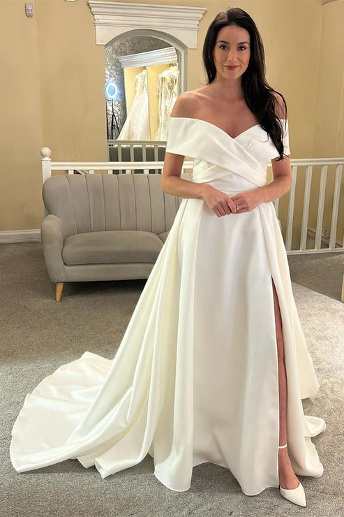 Luolandi Satin Off-the-Shoulder Long Wedding Dress with Slit Sexy