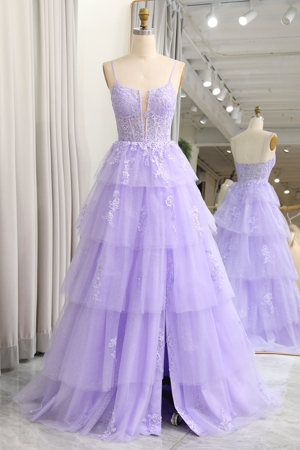 Luolandi A Line Appliqued Tiered Long Corset Lilac Prom Dress With Slit Elegant