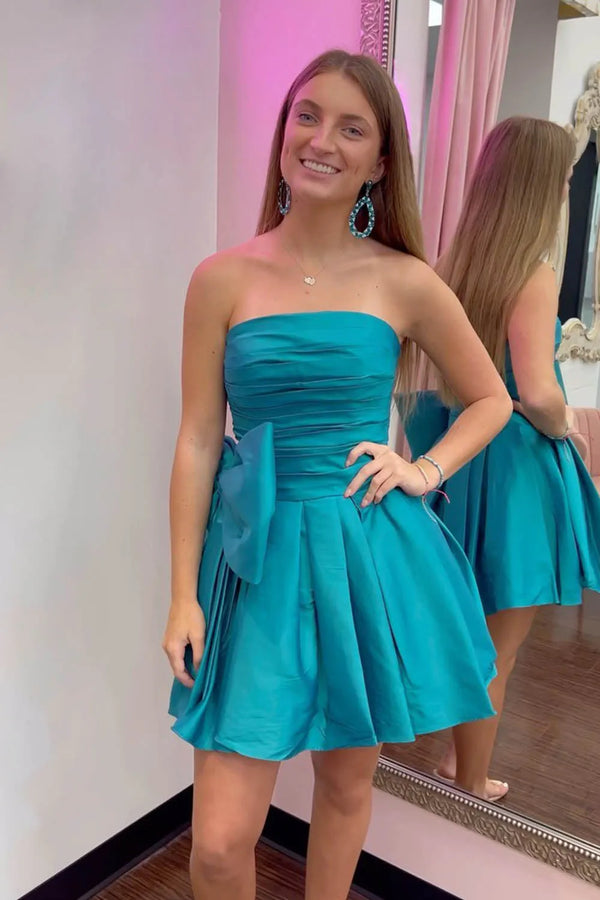 Luolandi Sweetheart A-Line Strapless Pleated Party Dress with Bow Homecoming Dress Short Graduation Dress