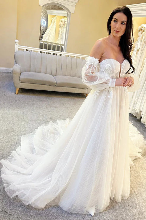 Luolandi Ivory Tulle A-Line Long Wedding Dress with Train Off Shoulder Beautiful