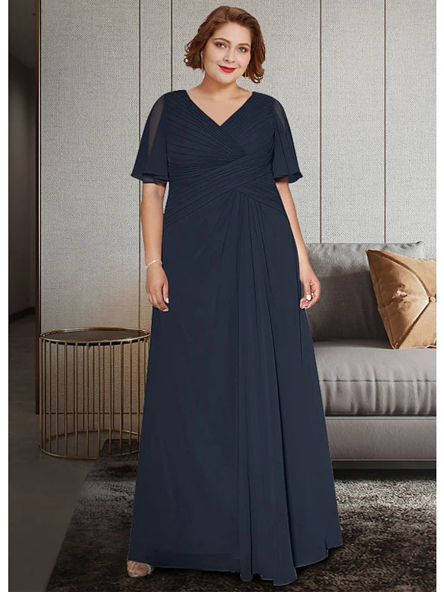 Luolandi A-Line Mother of the Bride Dress Plus Size Elegant V Neck Ankle Length Chiffon Half Sleeve with Pleats