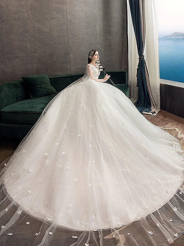 Luolandi Princess Ball Gown Wedding Dresses Jewel Neck Chapel Train Lace Tulle Sleeveless Formal Luxurious