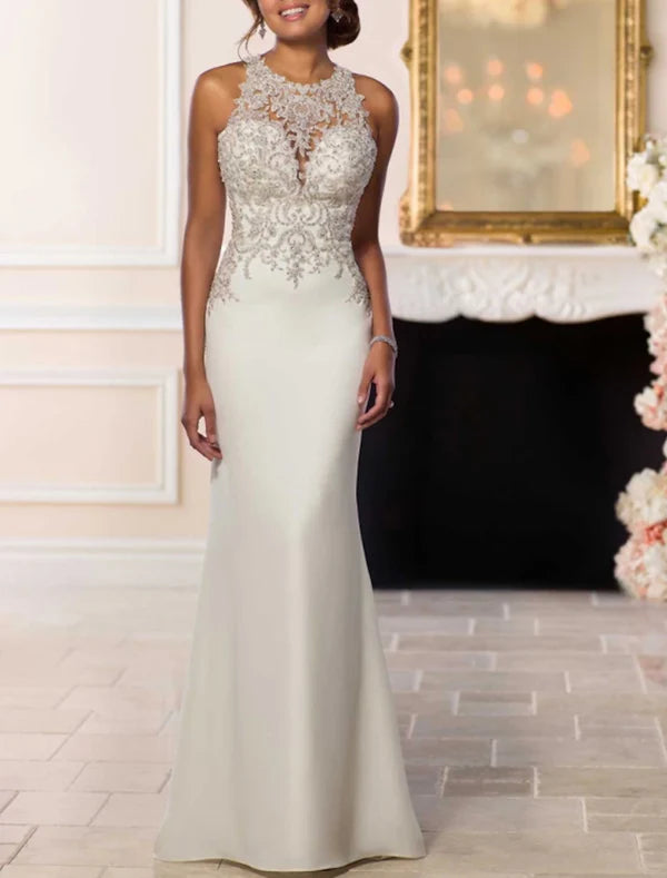 Luolandi Engagement Open Back Formal Wedding Dresses Mermaid / Trumpet Illusion Neck Sleeveless Court Train Lace Bridal Gowns With Appliques