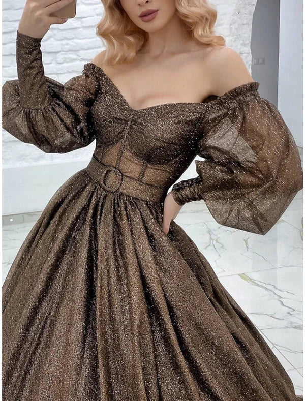 Luolandi A-Line Evening Gown Elegant Dress Formal Court Train Long Sleeve Off Shoulder Lurex Fabric with Pleats Strappy Sparkly