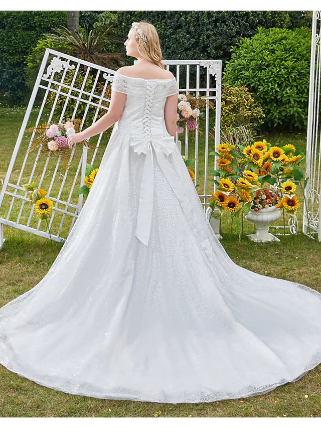 Luolandi Princess Ball Gown Wedding Dresses Off Shoulder Cathedral Train Lace Tulle Sleeveless Formal Romantic Luxurious Sparkle & Shine Plus Size with Beading