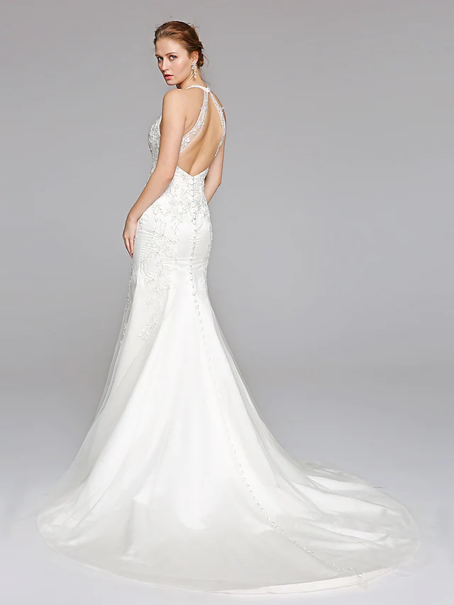 Luolandi Wedding Dresses Halter NeckLace Over Tulle Regular Straps Sexy Illusion Detail