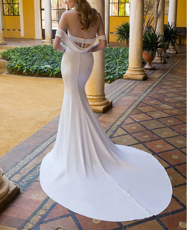 Luolandi Sweetheart Sleeveless Court Train Satin Wedding Dresses Off Shoulder Solid Color