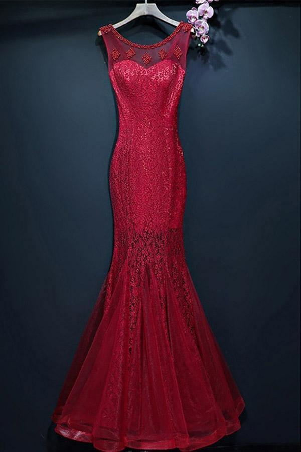 Luolandi Mermaid Formal Lace Sleeveless Long Prom Dresses Elegant Burgundy Evening Dress