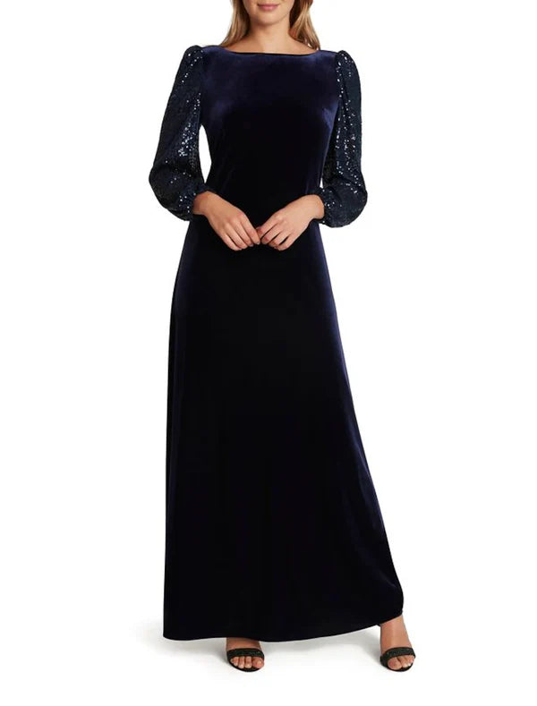 Luolandi A-Line Mother of the Bride Dress Formal Wedding Guest Vintage Party Elegant Scoop Neck Sweep / Brush Train Floor Length Velvet Long Sleeve