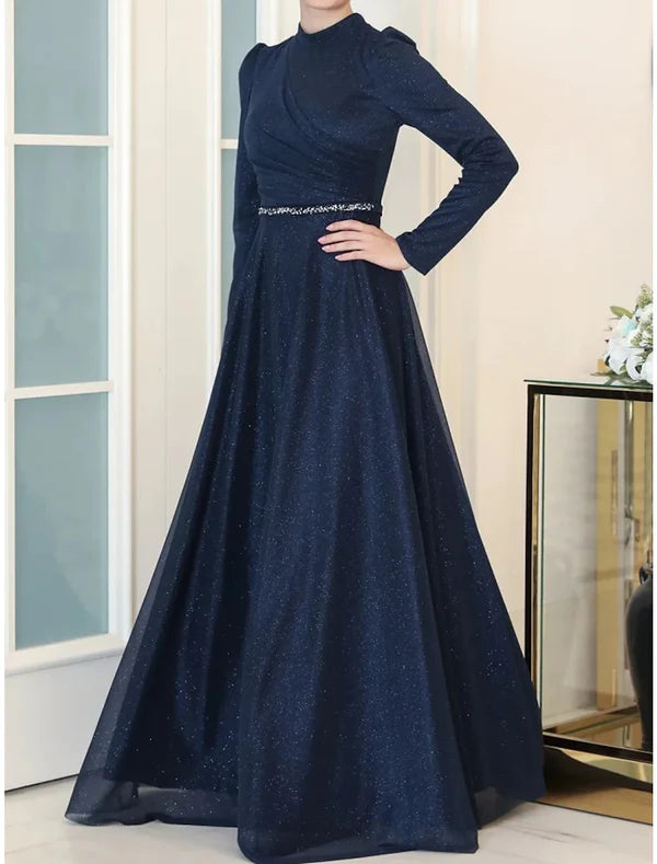 Luolandi A-Line Evening Gown Elegant Dress Formal Floor Length Long Sleeve High Neck Lurex Fabric with Rhinestone Pleats Ruched Mother of the Bride Dress