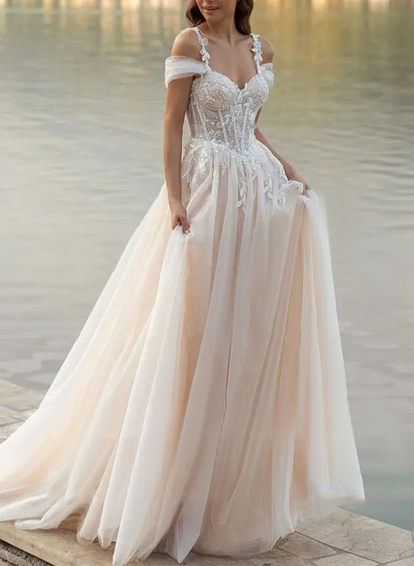 Luolandi A-Line Off-The-Shoulder Tulle Wedding Dresses With Appliques Lace Beautiful