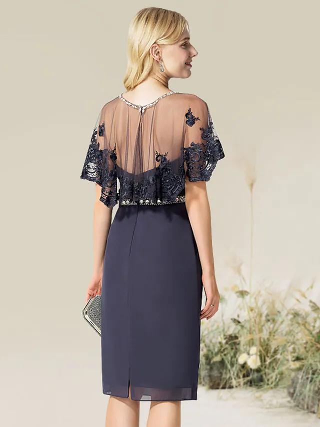 Luolandi Convertible Elegant Wedding Guest Cocktail Party Dress Strapless Short Sleeve Knee Length Lace with Lace Insert