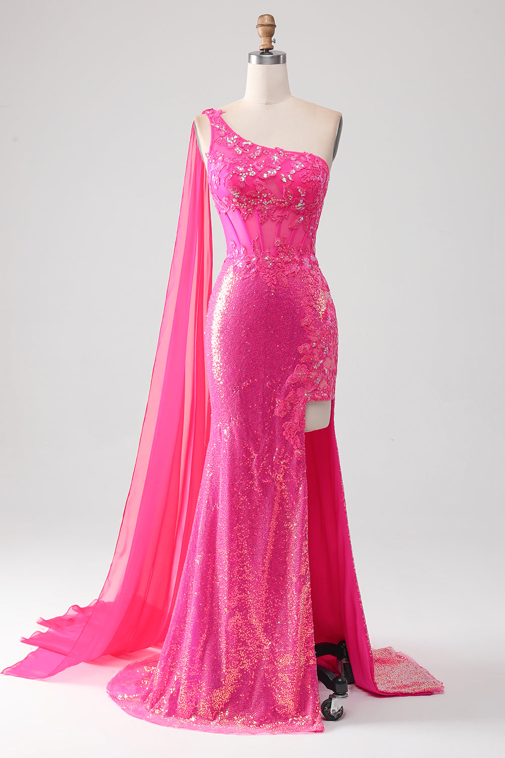 Luolandi Sparkly Fuchsia Mermaid One Shoulder Appliques Prom Dress With Slit Evening Dress