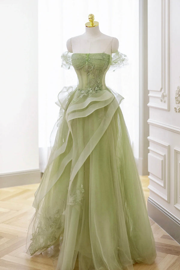 Luolandi Green Tulle Lace Long Prom Dress with Corset Formal Party Dress Beautiful