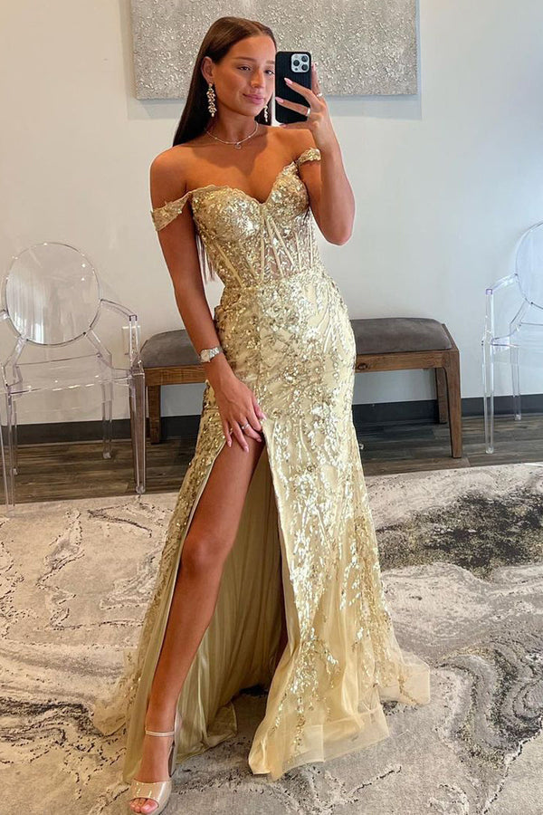 Luolandi Gold Sequin Lace Off the Shoulder Mermaid Prom Dress Sparkly Evening Dress