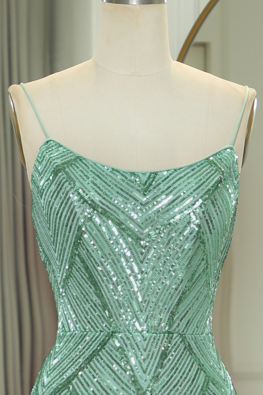 Luolandi Sparkly Green Mermaid Spaghetti Straps Long Prom Dress With Slit Evening Dress