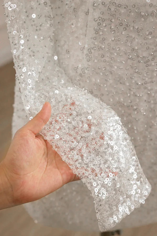 Luolandi Sequined Backless Long Sleeves Wedding Dress Off Shoulder Short Party Dress Sparkly