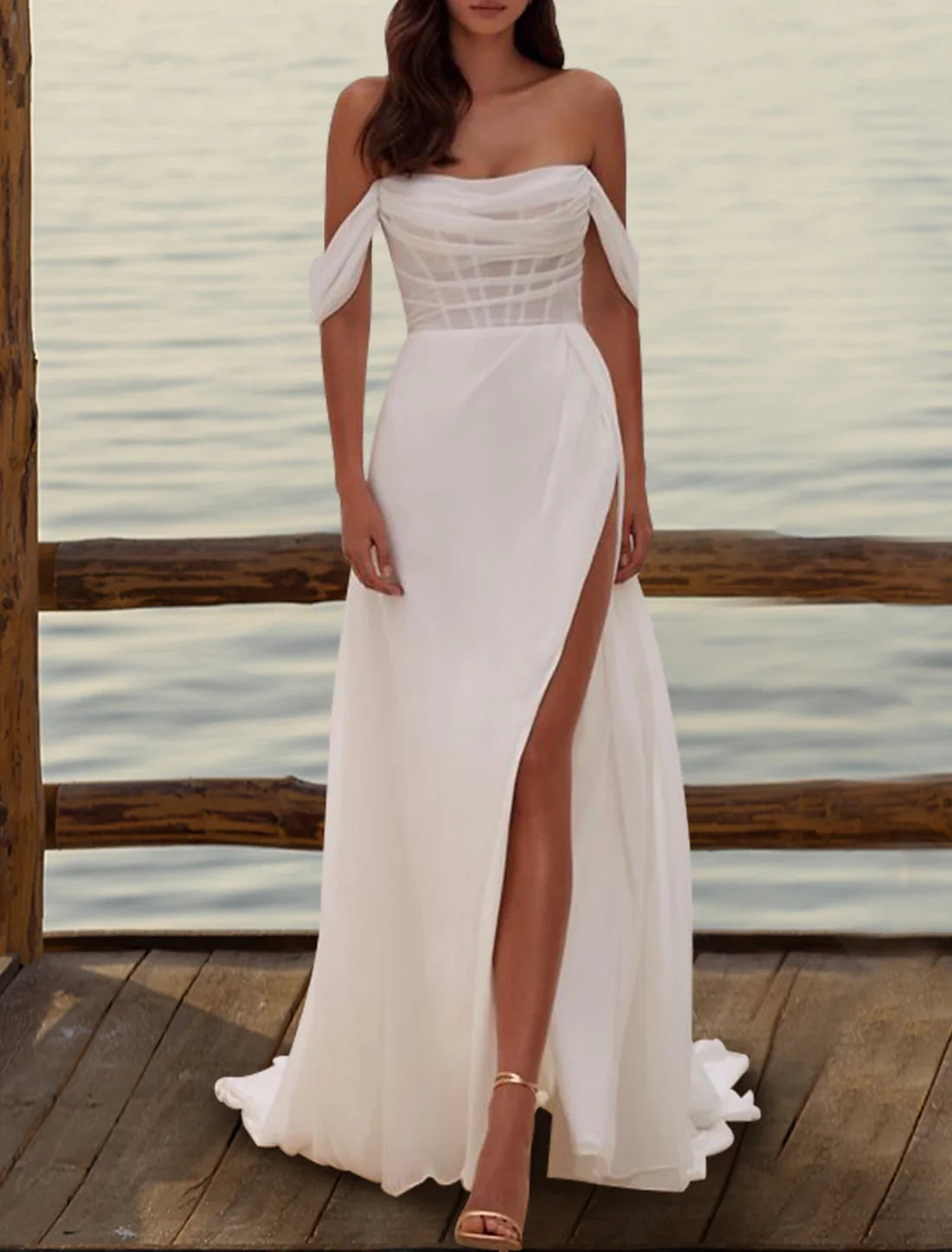 Luolandi Hall Formal Wedding Dresses Sheath / Column Off Shoulder Short Sleeve Court Train Organza Bridal Gowns