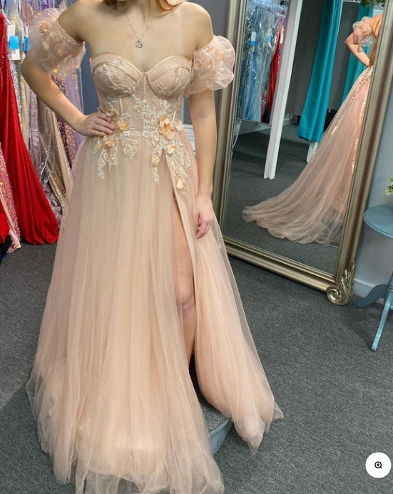 Luolandi Tulle 3D Floral Lace Sweetheart A-Line Prom Dress with Slit Sexy Evening Dress