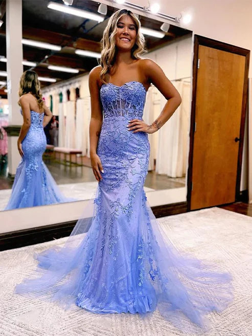 Luolandi Sheath/Column Tulle Applique Sweetheart Sleeveless Court Train Dresses Prom Dress