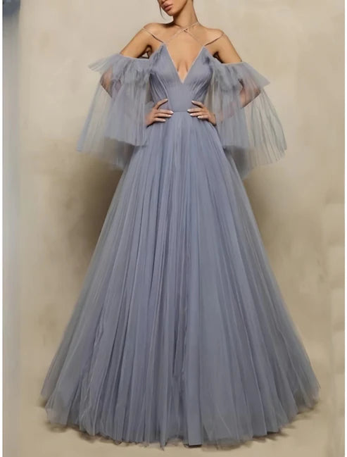 Luolandi Ball Gown Evening Gown Elegant Dress Formal Fall Floor Length Half Sleeve Halter Neck Tulle with Pleats Ruffles Sexy