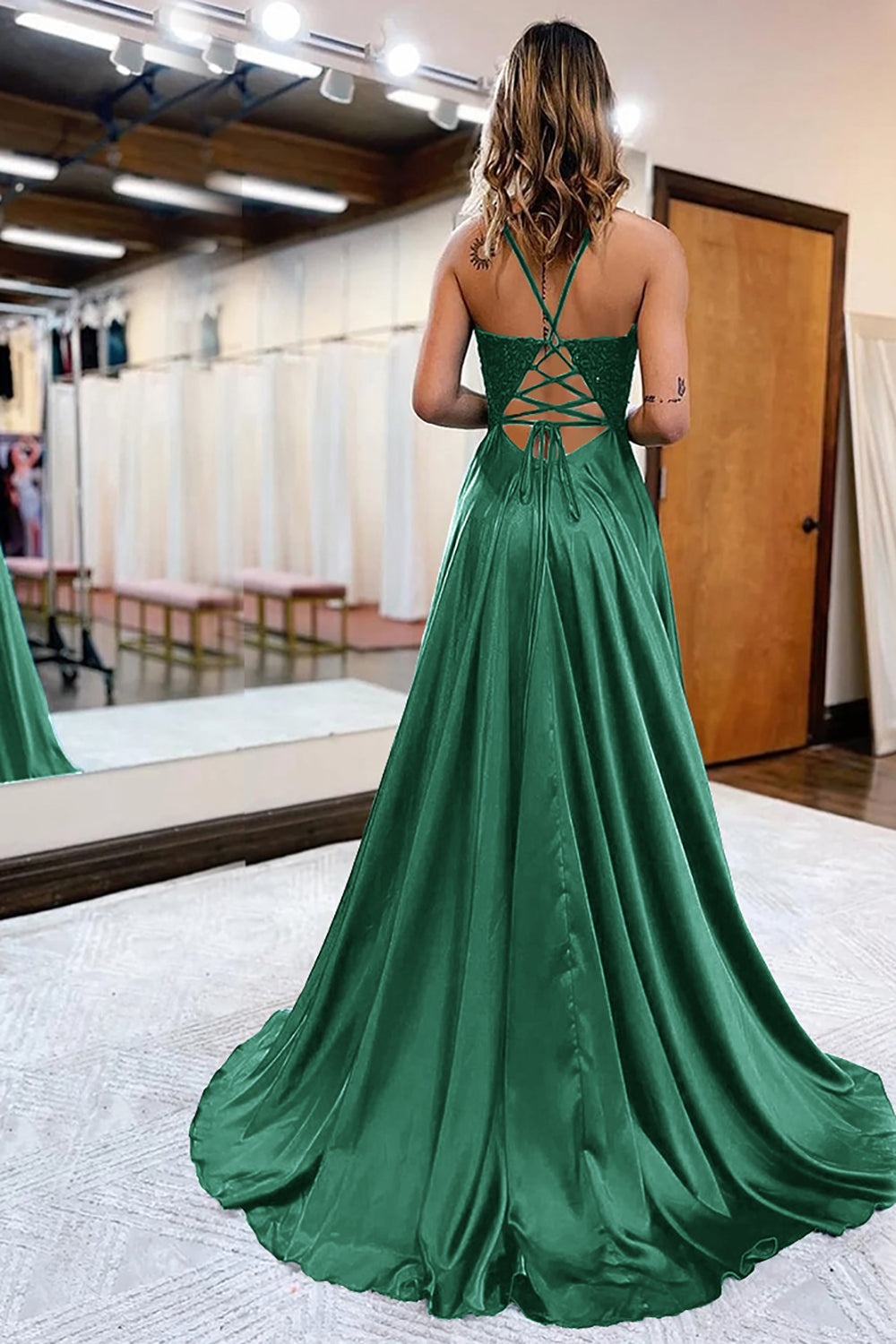 Luolandi Peacock Green Satin A-Line Appliques Prom Dress With Slit Sexy Evening Dress