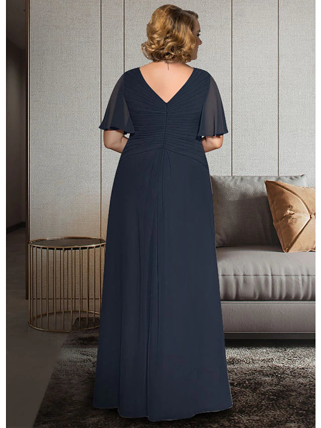 Luolandi A-Line Mother of the Bride Dress Plus Size Elegant V Neck Ankle Length Chiffon Half Sleeve with Pleats