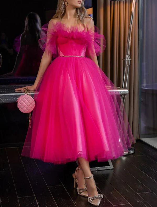 Luolandi A-Line Evening Gown Elegant Dress Wedding Guest Party Wear Tea Length Sleeveless Strapless Tulle with Pleats Prom Dress