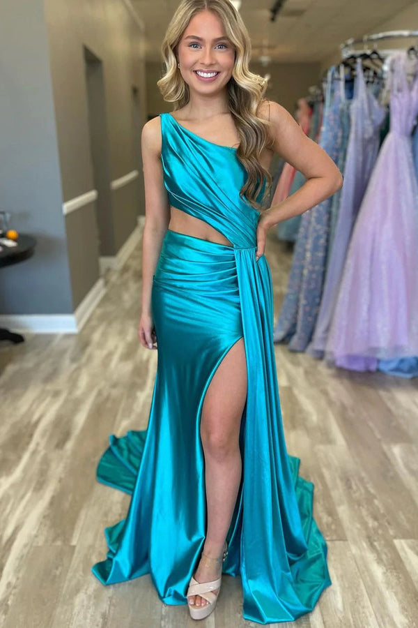 Luolandi Charming Mermaid One Shoulder Satin Prom Dresses with Slit Sexy Evening Dress Party Dress