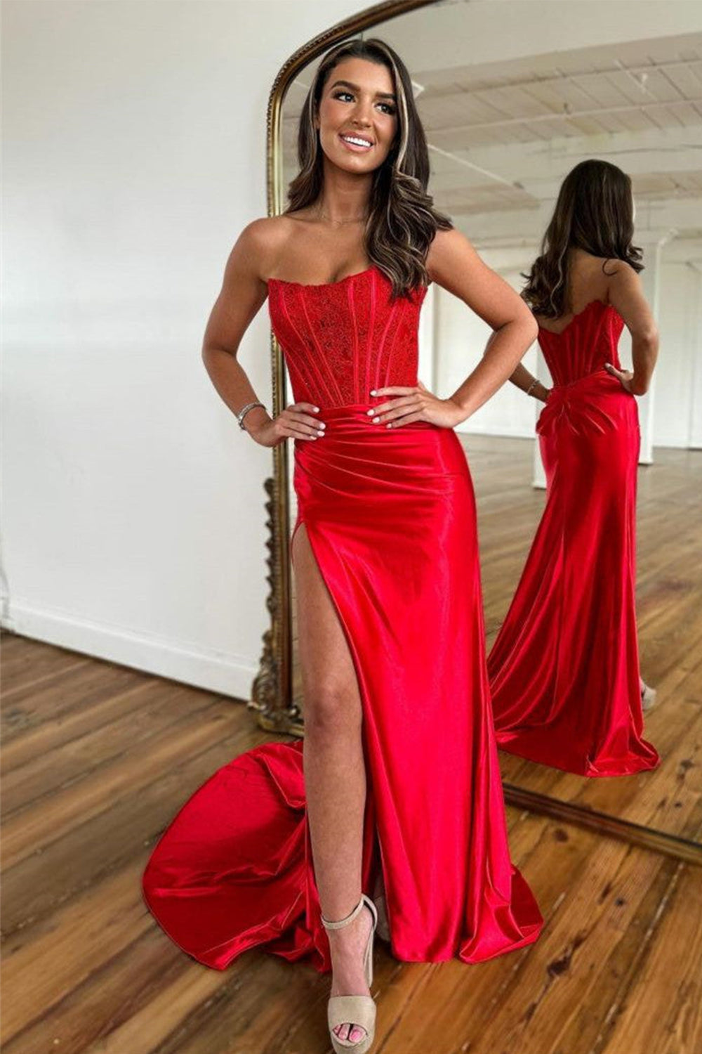 Luolandi Sexy Red Strapless Long Prom Dress With Split Off Shoulder Evening Dress
