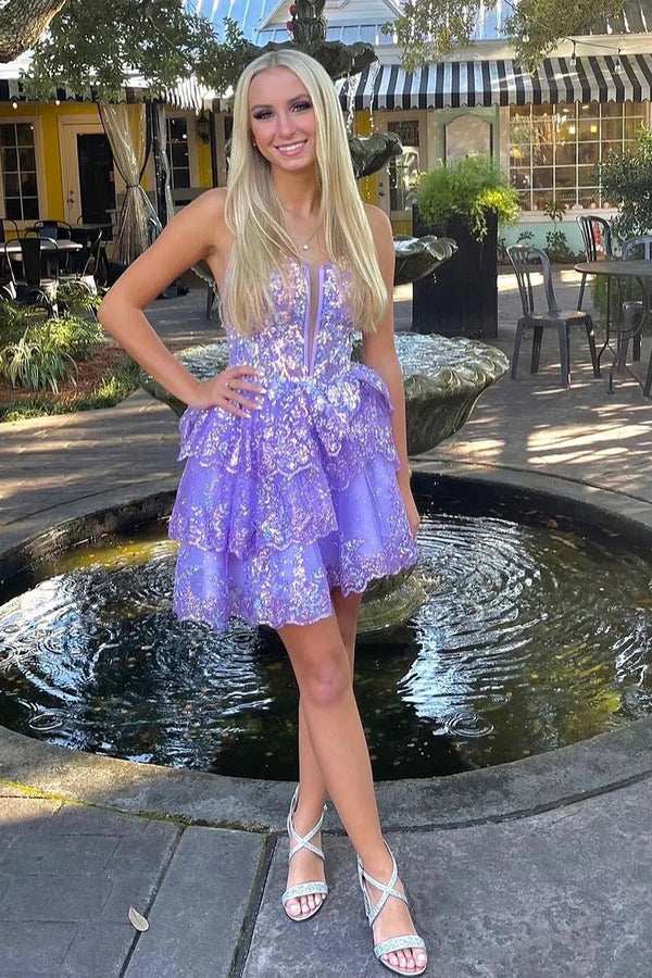 Luolandi Cute A-Line Sweetheart Lilac Sequin Tiered Short Homecoming Dresses Sparkly Party Dress